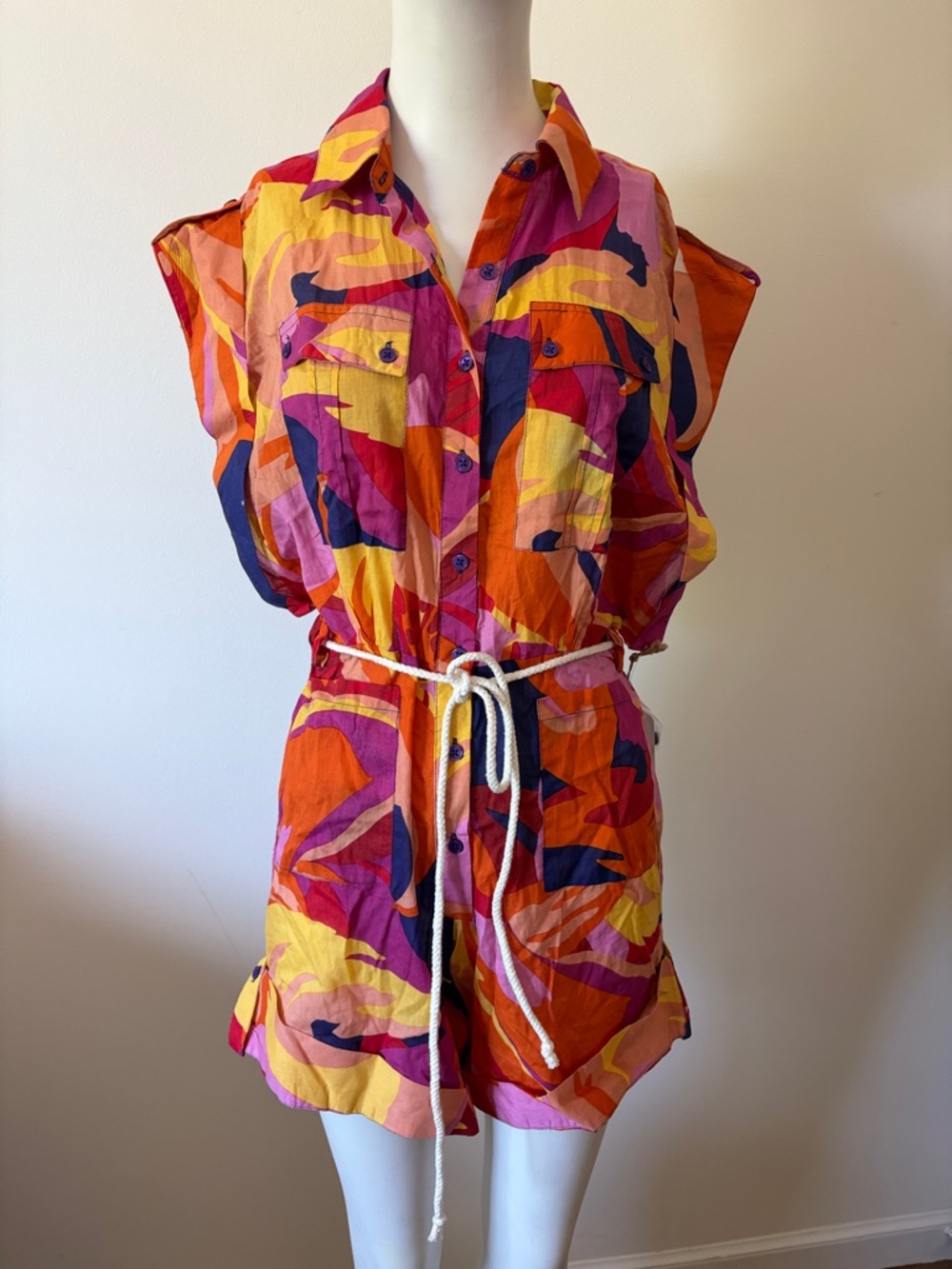 True Destinations Vibrant Tropical Print Button Romper
